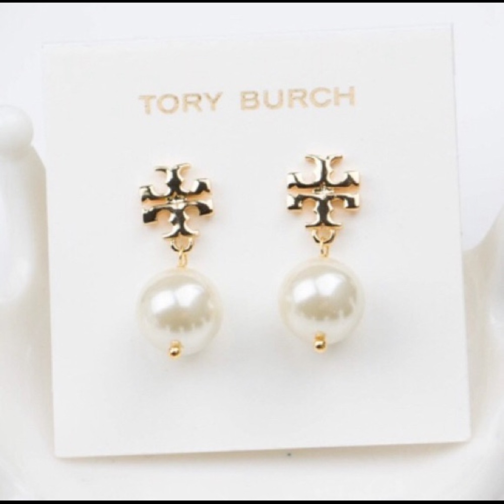 Tory Burch White Pearl Gold T Logo Dangle Earrings
